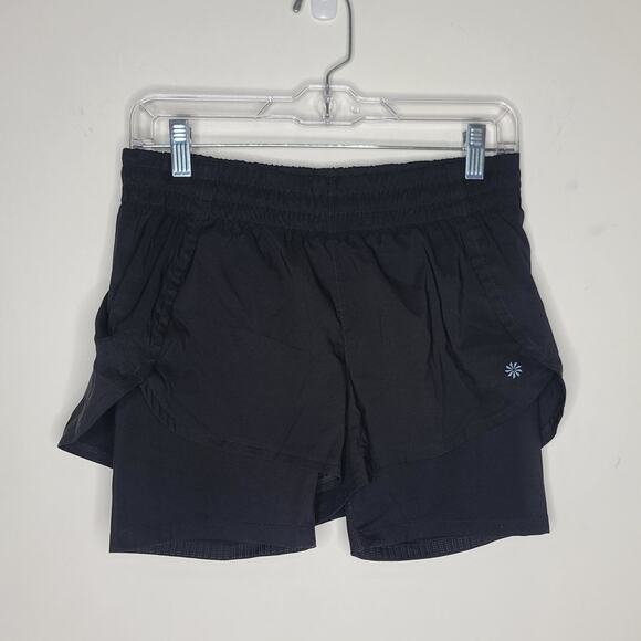 Athleta Racer Run 2 in 1 lined black workout shorts - small - 291755 - Picture 1 of 8